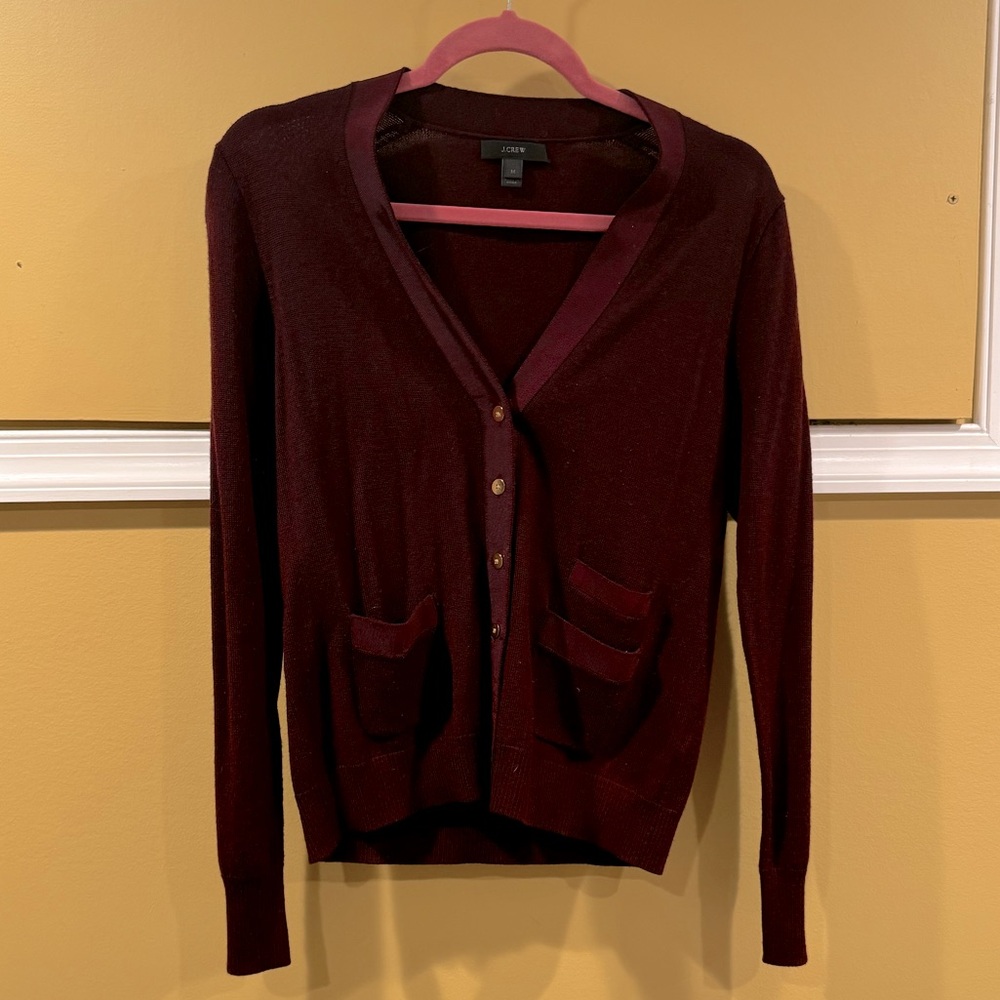 J. Crew Merino cardigan burgundy maroon gold buttons pockets Medium EUC